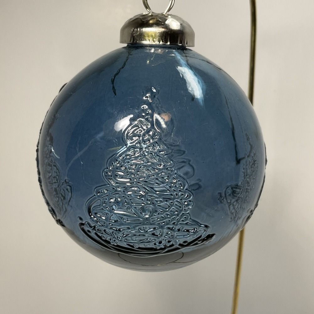 Vintage Heavy blue glass Christmas ball ornament with raised tree design 3 in